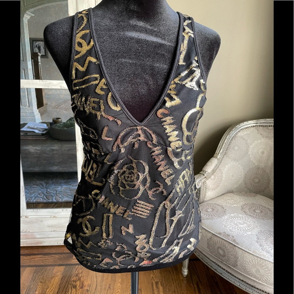 Chanel black gold metallic logo mesh tank top shirt sz 36 NEW
